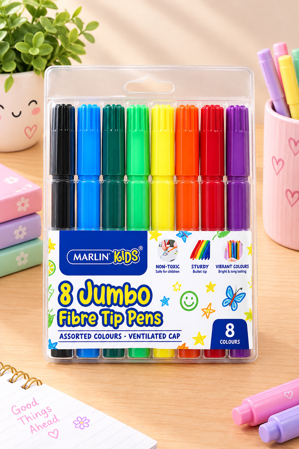 Marlin Kids | 8 Jumbo Fibre Tip Pens – Assorted Colours